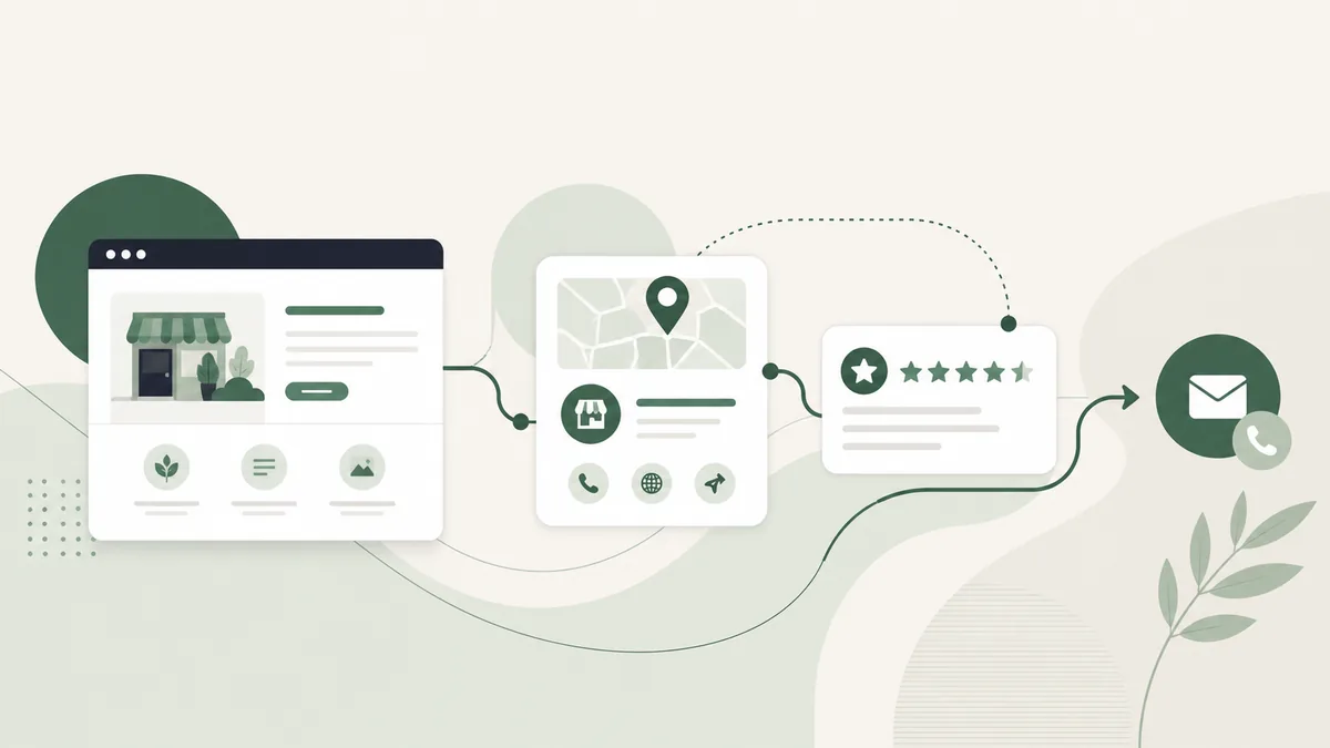 Illustration showing a website, business profile, reputation information, and customer contact path connected together.