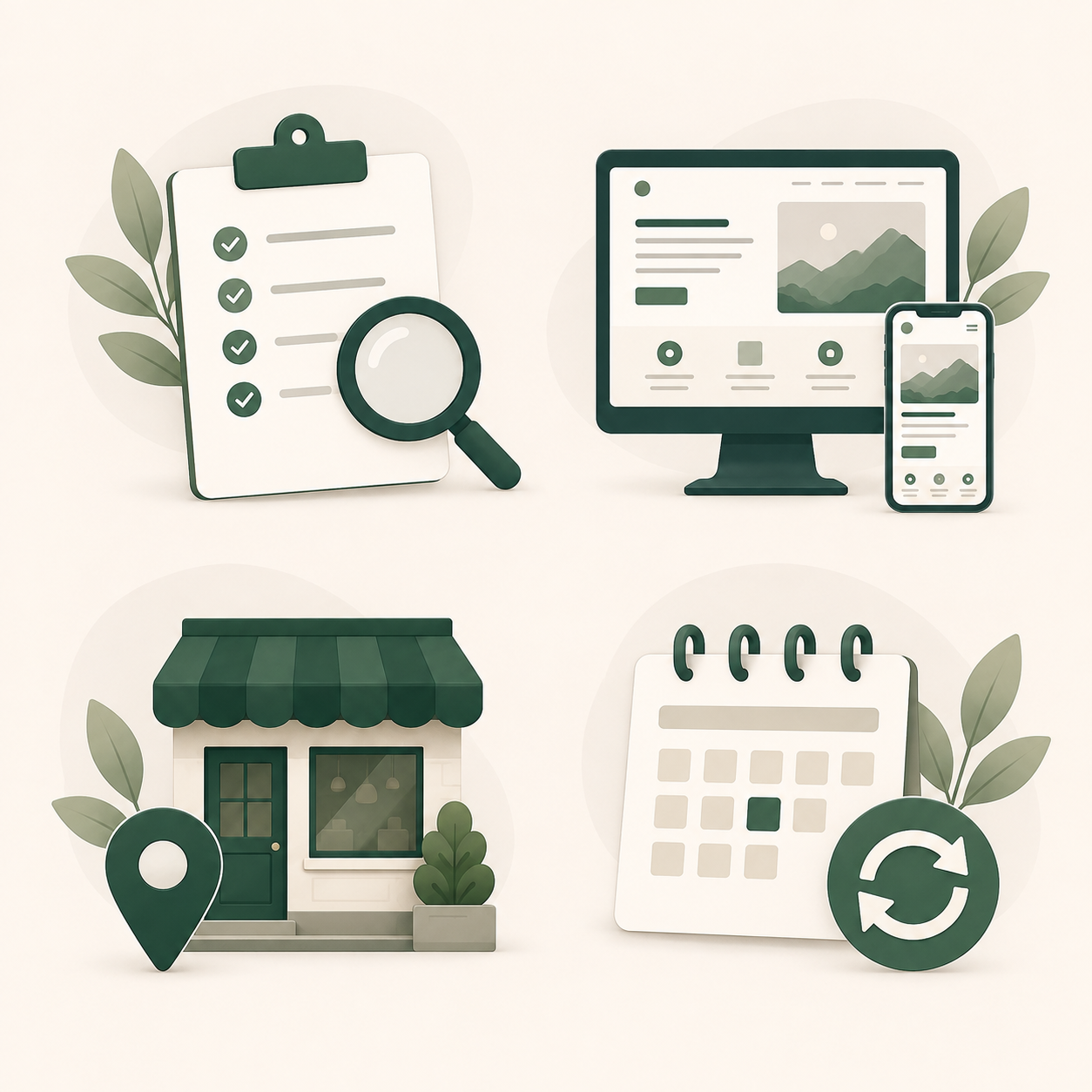 Four service illustrations: an assessment clipboard and magnifying glass, a responsive website, a business profile storefront and location pin, and an ongoing-support calendar.