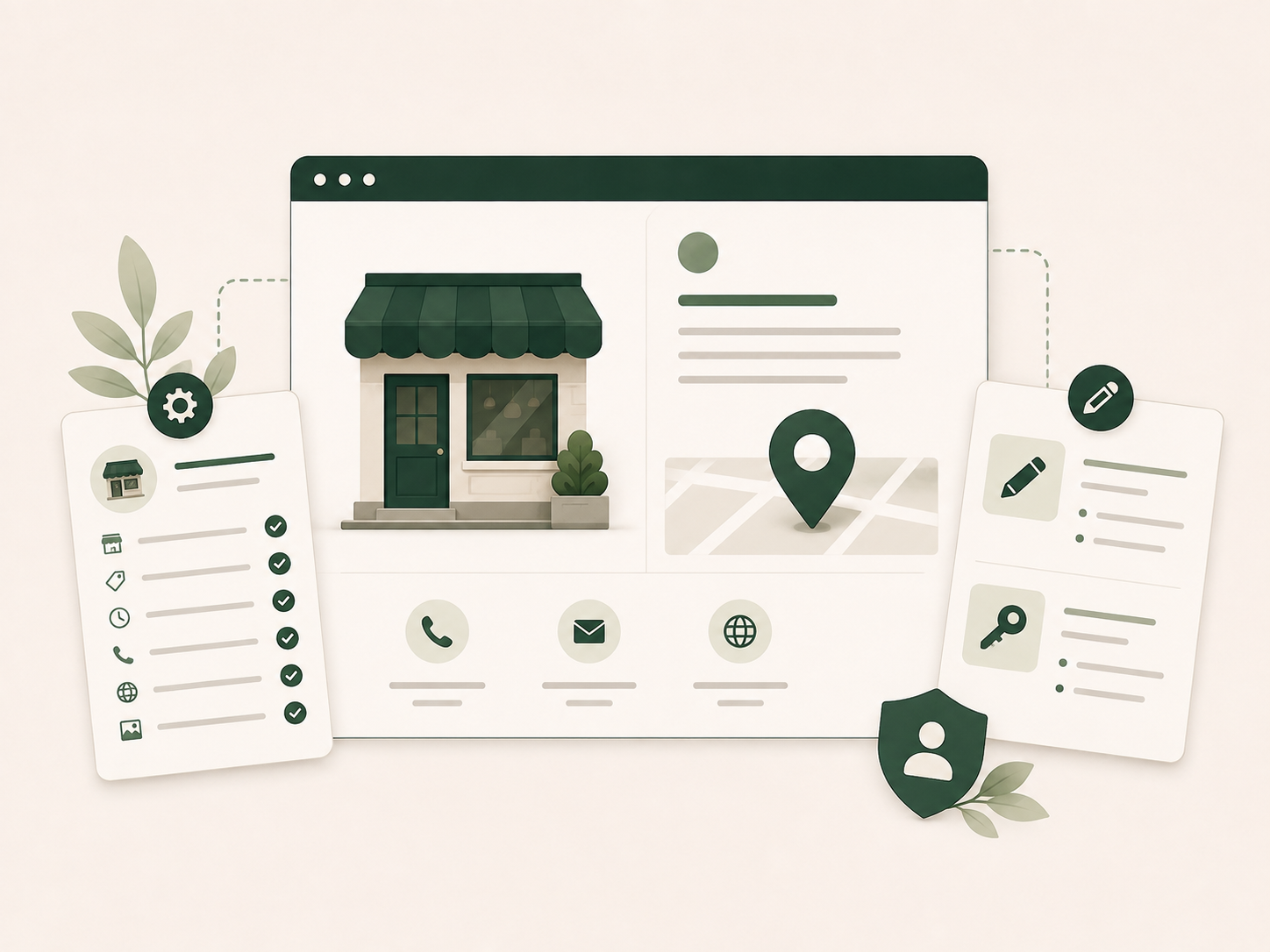 Illustration of a business profile with storefront, location, business information, editing and account access tools.