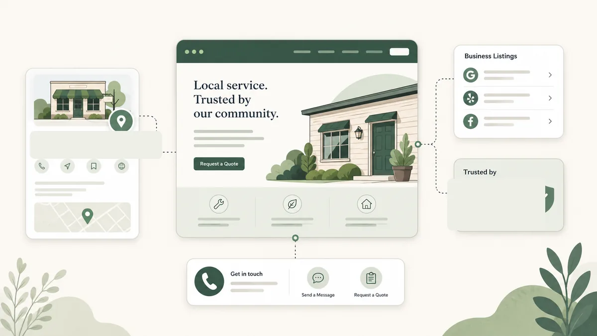 Illustration of a business website, online listings, trust information, and customer contact paths working together.
