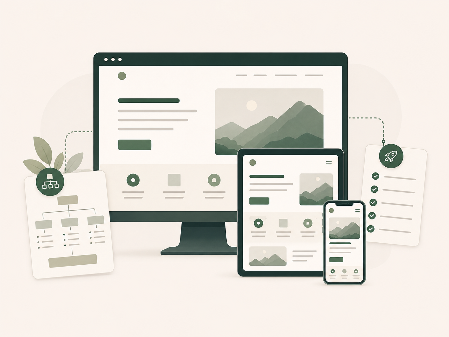 Illustration of website planning, coordinated desktop, tablet and phone designs, and a launch checklist.